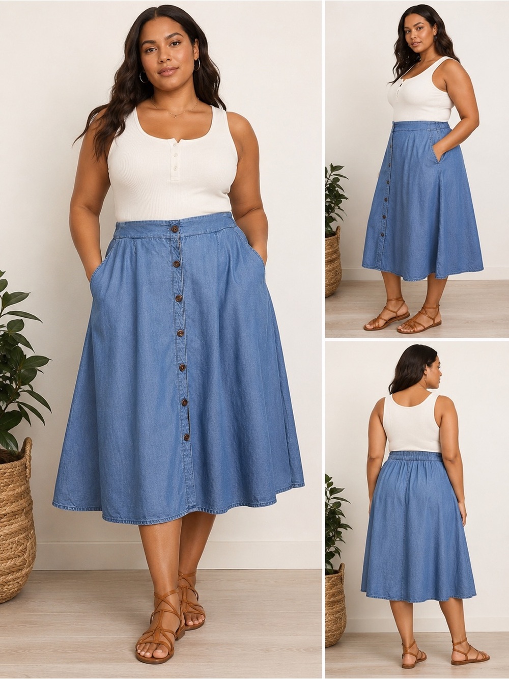 Torrid Chambray Button Front Midi Skirt Blue Lightweight A-Line Pockets